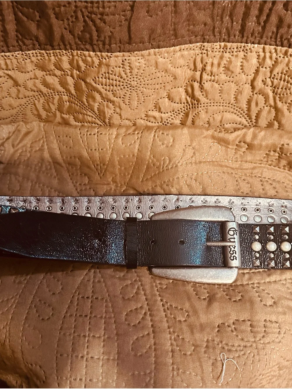 Guess Black Studded Leather Belt with Pearl Accents
